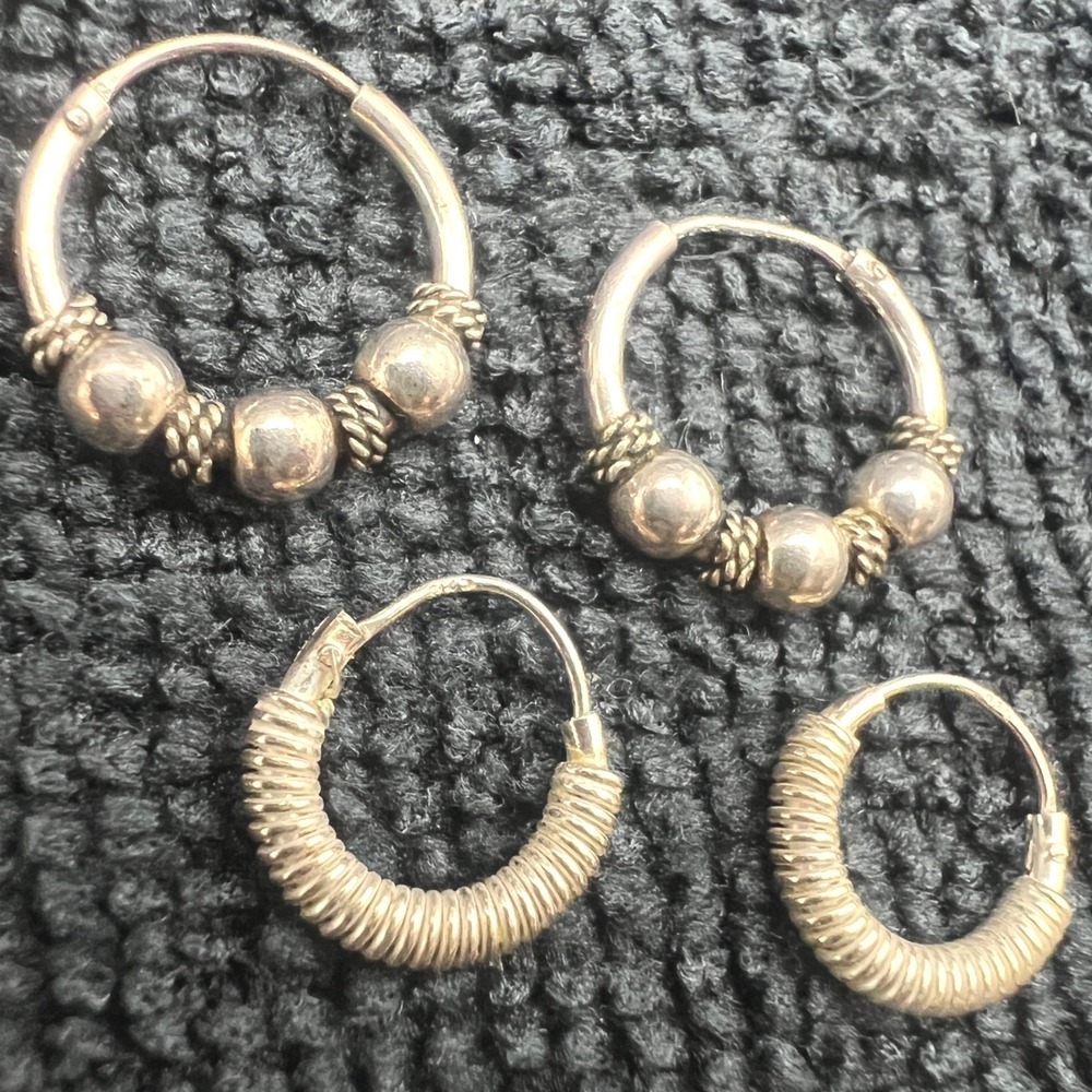 Sterling Silver Huggie Earrings Lot of 2 Pair .875 Coiled and .5 In  Beaded 2.3g